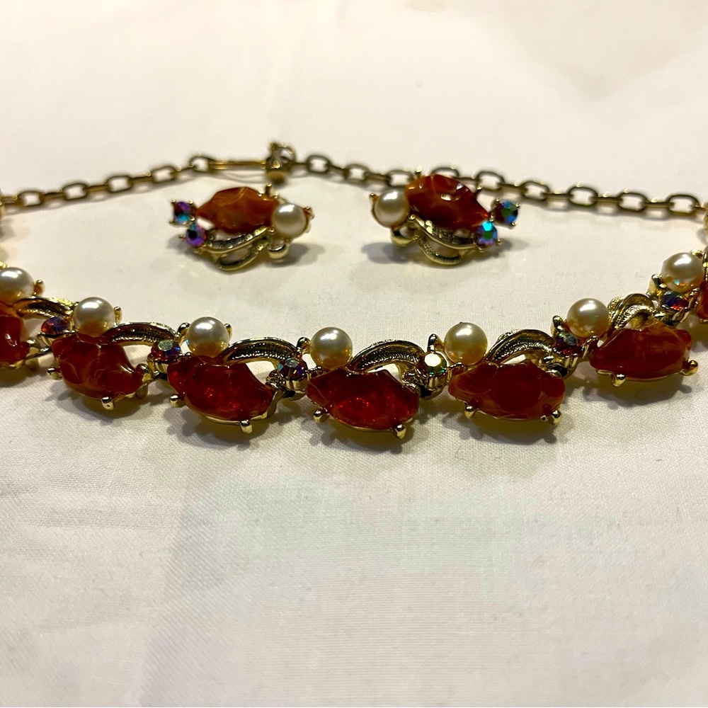 Vintage necklace and clip-on earrings set.  Orange stone, pearl and gold.